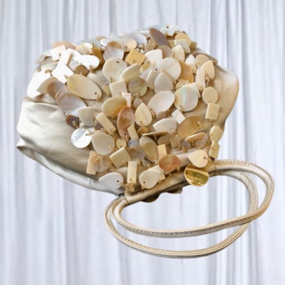 Evening Satchel Handbag Dangling Shell Beads Vintage Double Handles - Picture 8 of 11